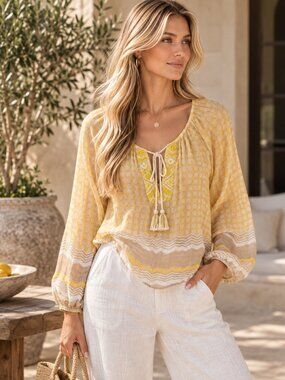 Derhy Beaded Embroidered Boho Blouse Mustard Ivory Size Small